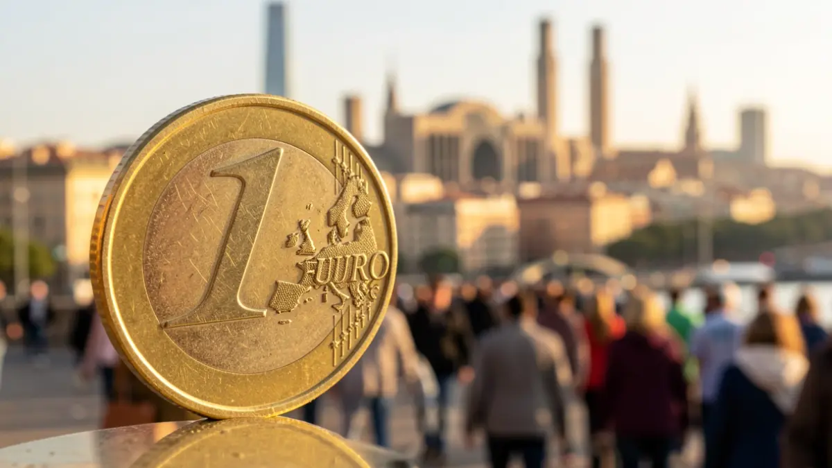 Generic image of Spanish coins with the Barcelona skyline in the background.