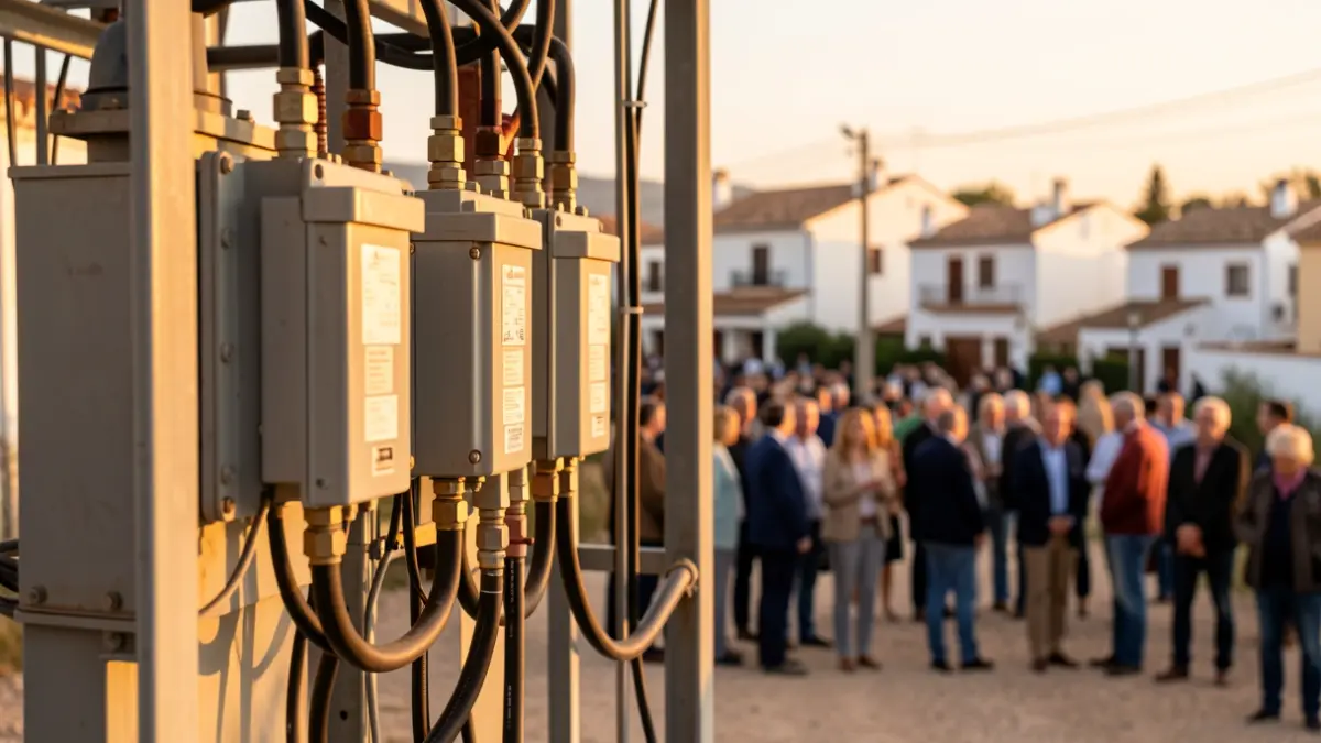 Primer plano de un centro de transformación eléctrico con transformadores y cables, bajo la luz del atardecer.