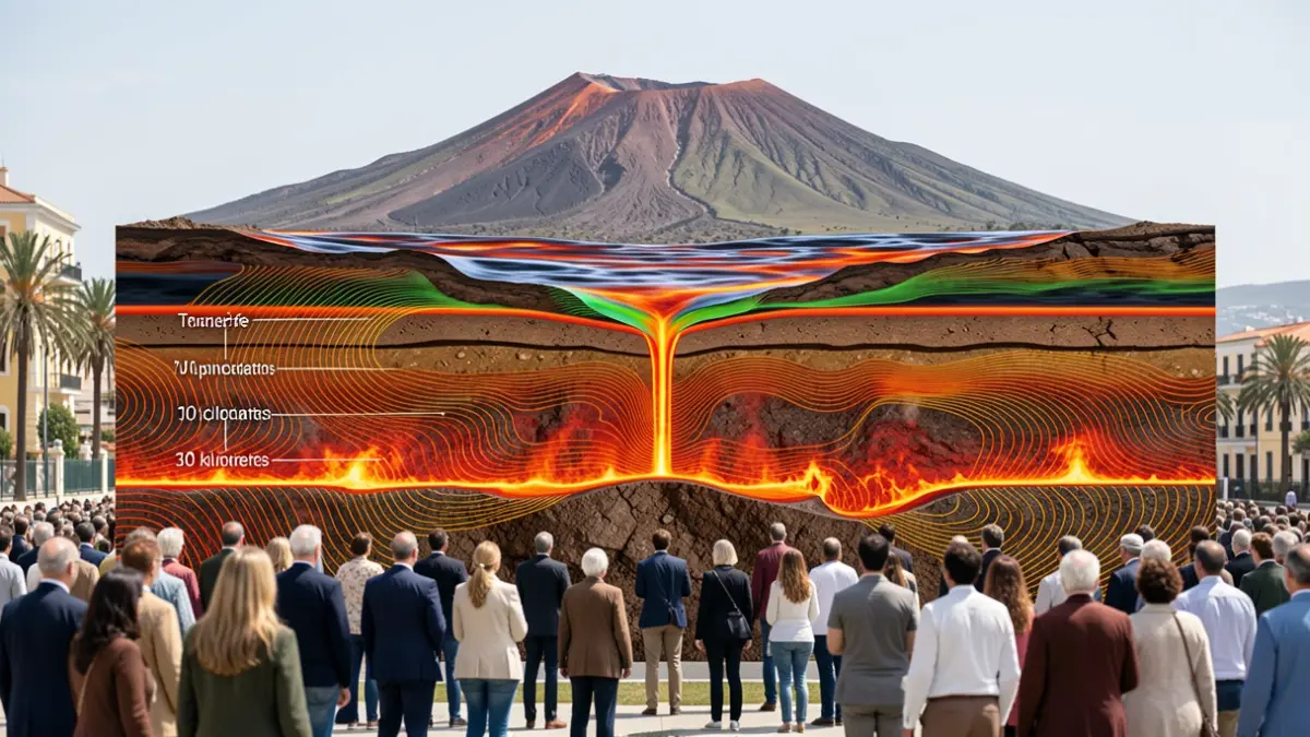 Visualization of the deep structure of the crust and upper mantle beneath Tenerife, showing magma accumulation zones.