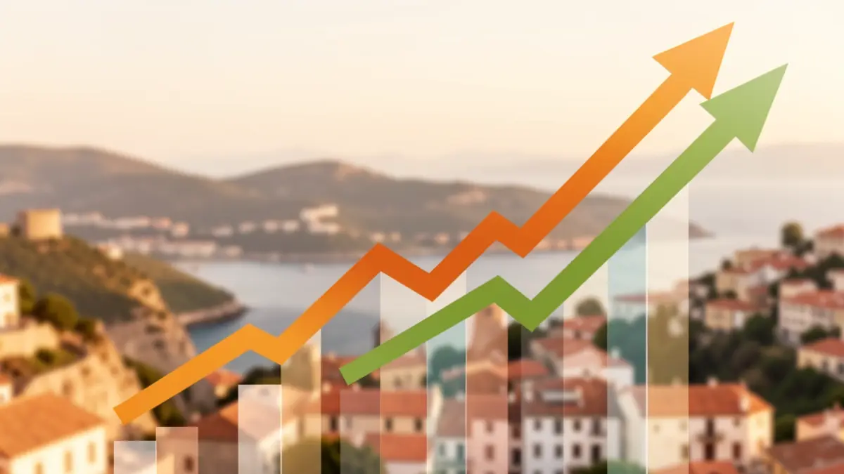 Abstract economic graphs over a Mediterranean landscape.