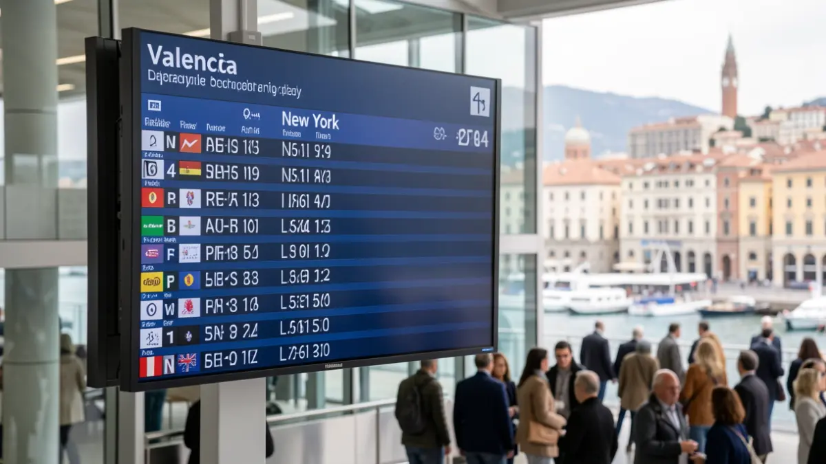 Generic image of an airport departure board showing Valencia and New York destinations.