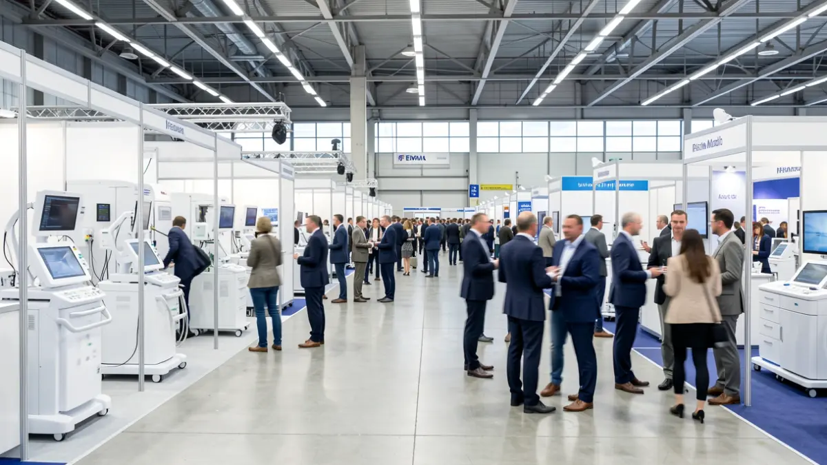 Interior of an exhibition hall at IFEMA Madrid during a professional trade show.