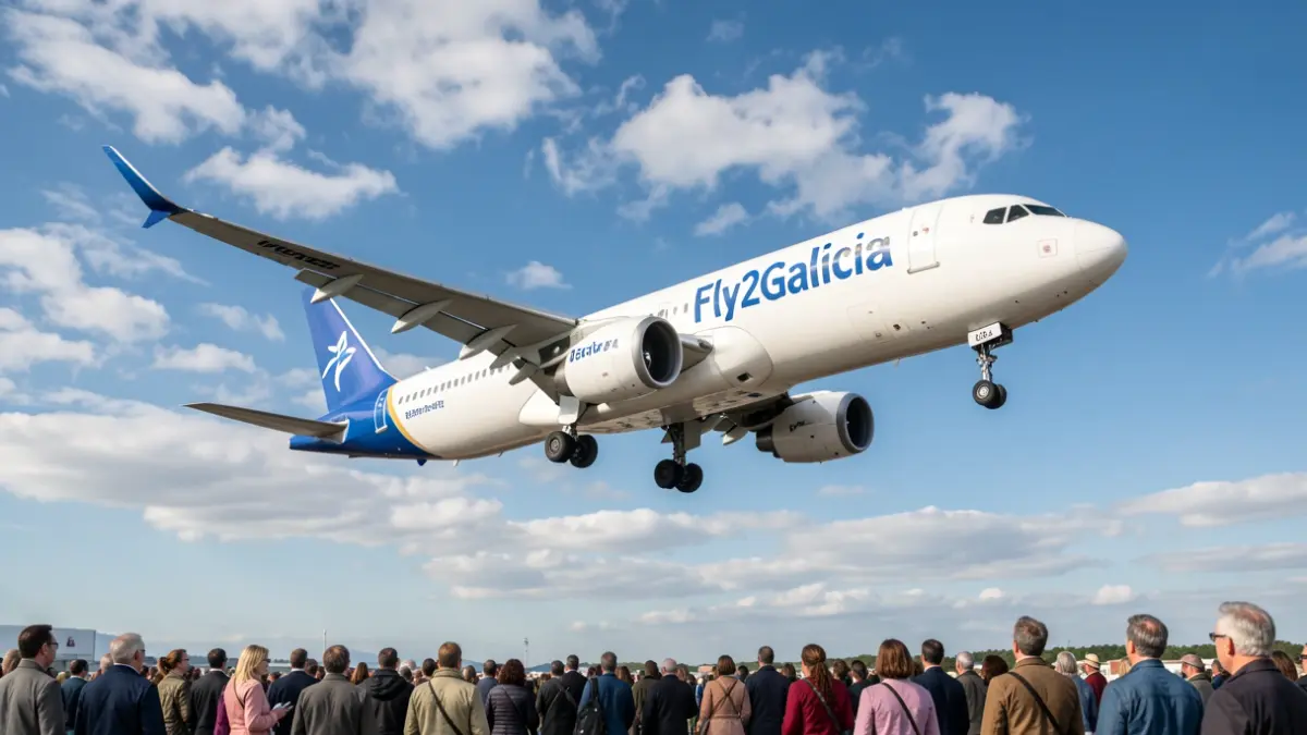 Airplane of the company Fly2Galicia in flight.