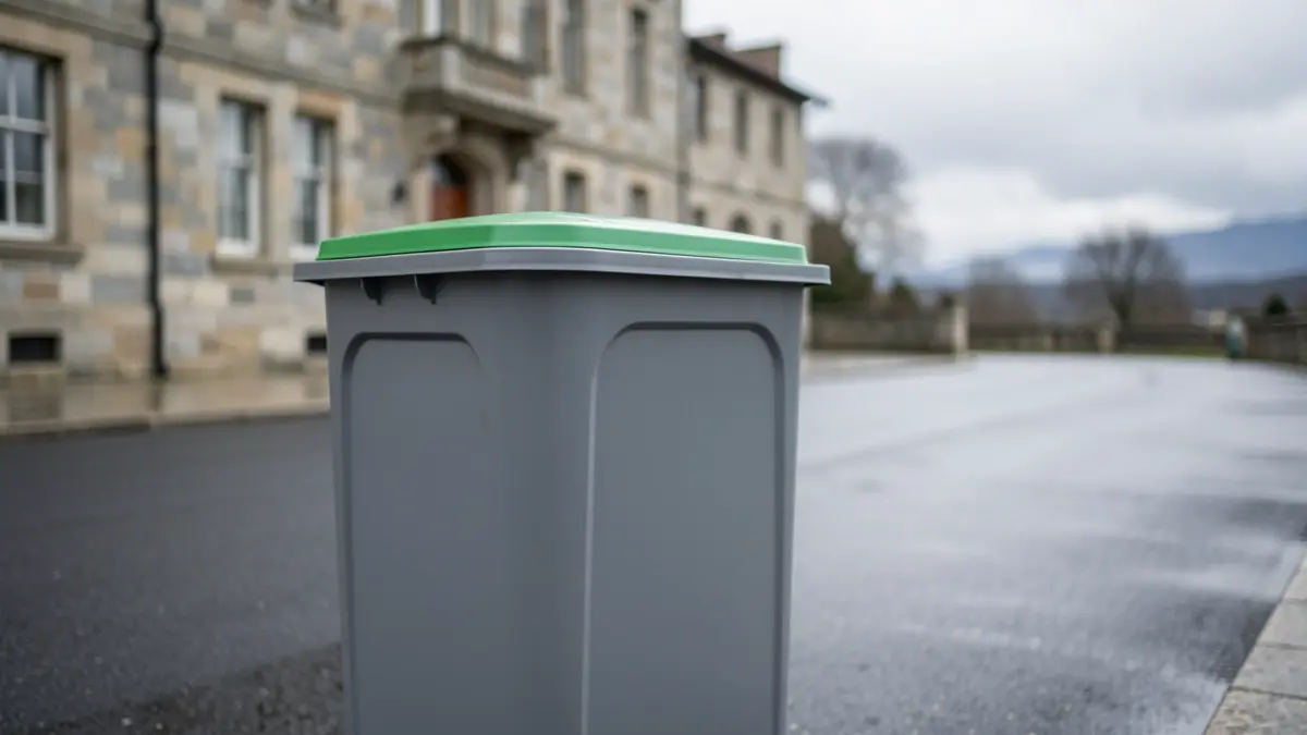 Imaxe dun contedor de lixo novo cunha tapa verde nunha superficie asfaltada mollada.