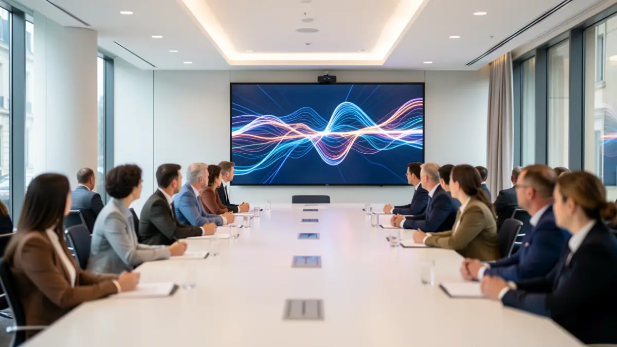 Imagen genérica de una sala de conferencias moderna con pantalla y asistentes.