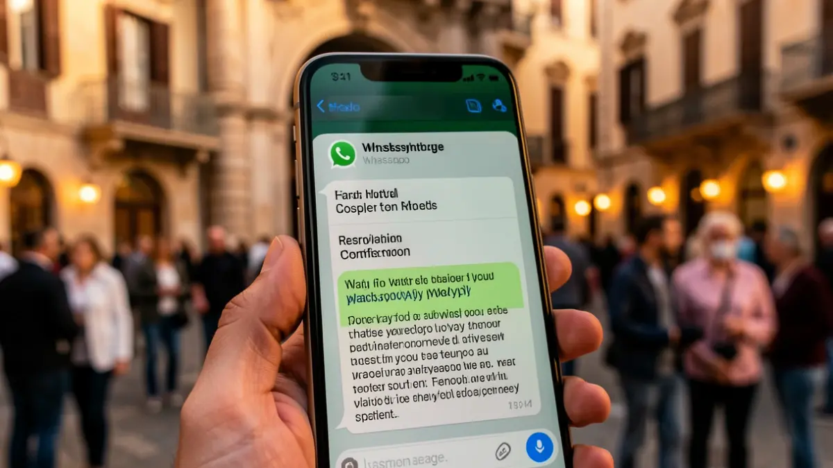 Imagen genérica de un mensaje de WhatsApp sospechoso en una pantalla de teléfono móvil relacionado con una reserva de hotel.