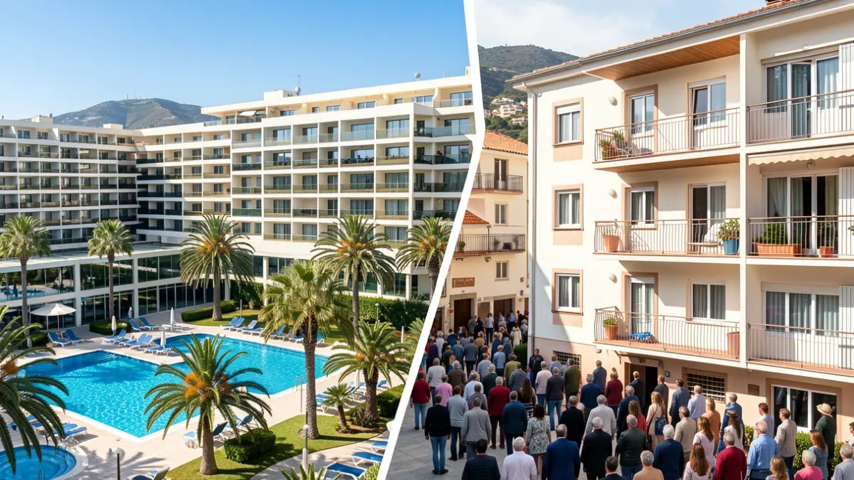 Split image: one side shows a modern hotel complex and the other a residential building, symbolizing the transformation of tourist land into housing for workers in Canarias.