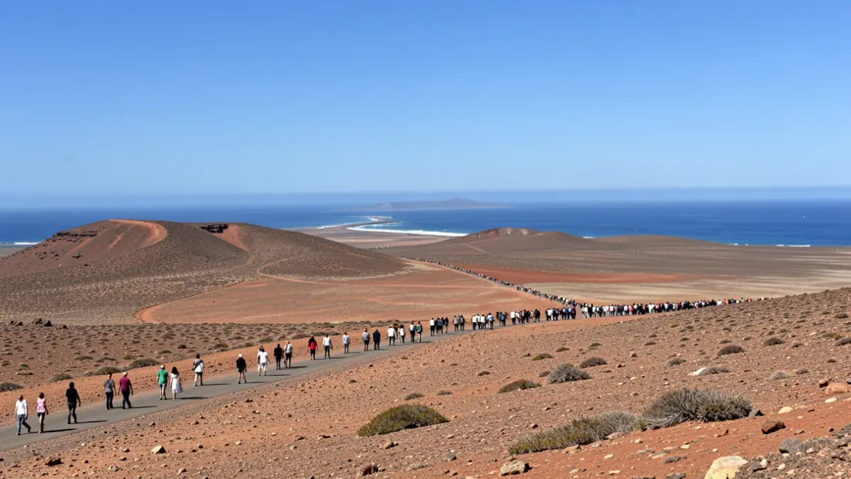 Panoramic view of Fuerteventura's volcanic landscape with arid terrain and distant beaches under a clear blue sky.