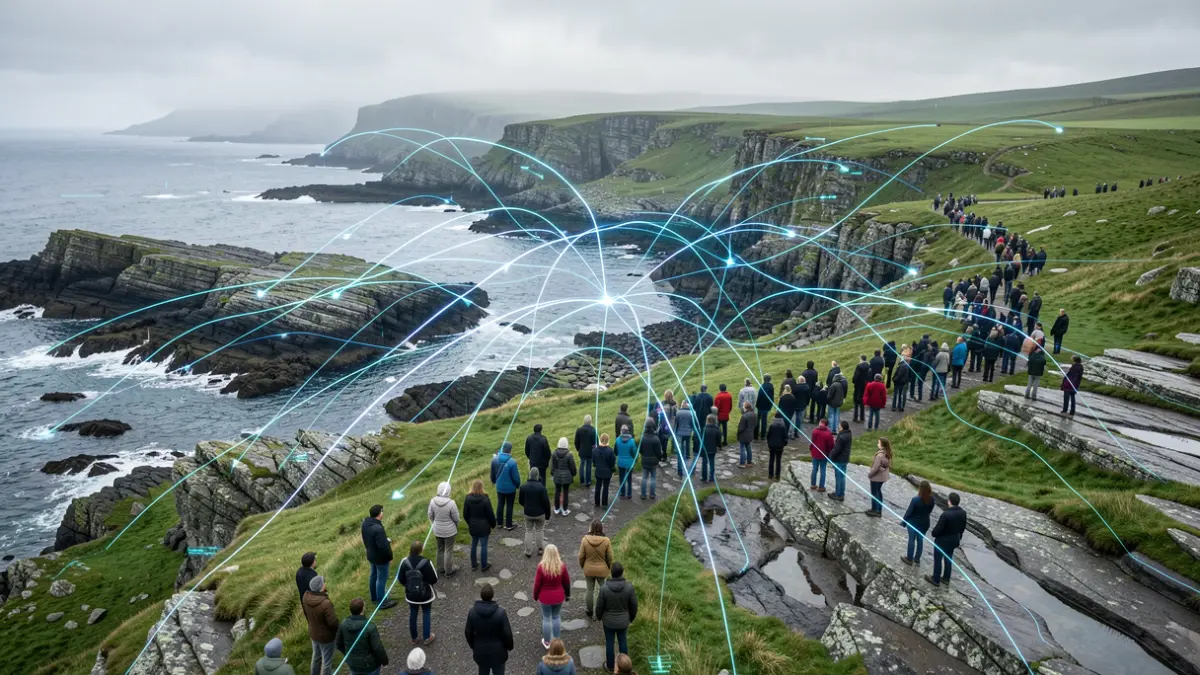 Imagen genérica de transformación digital en Galicia con líneas de datos conectando texturas de granito y paisajes verdes.