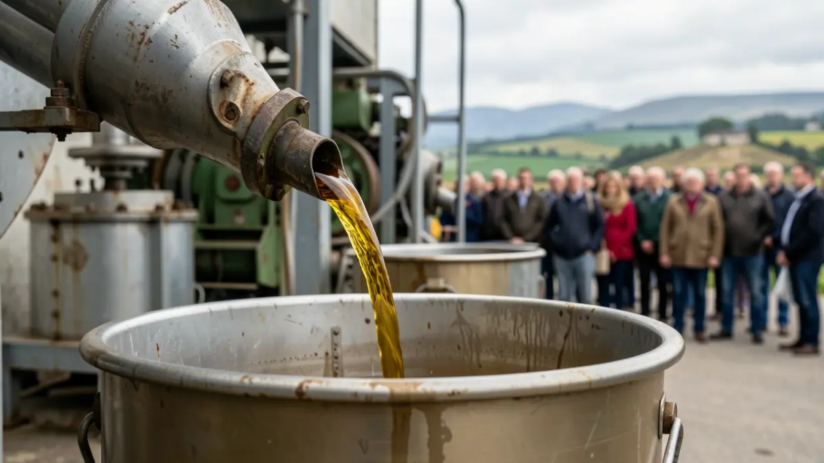 Imagen genérica de aceite industrial usado siendo vertido en un contenedor.