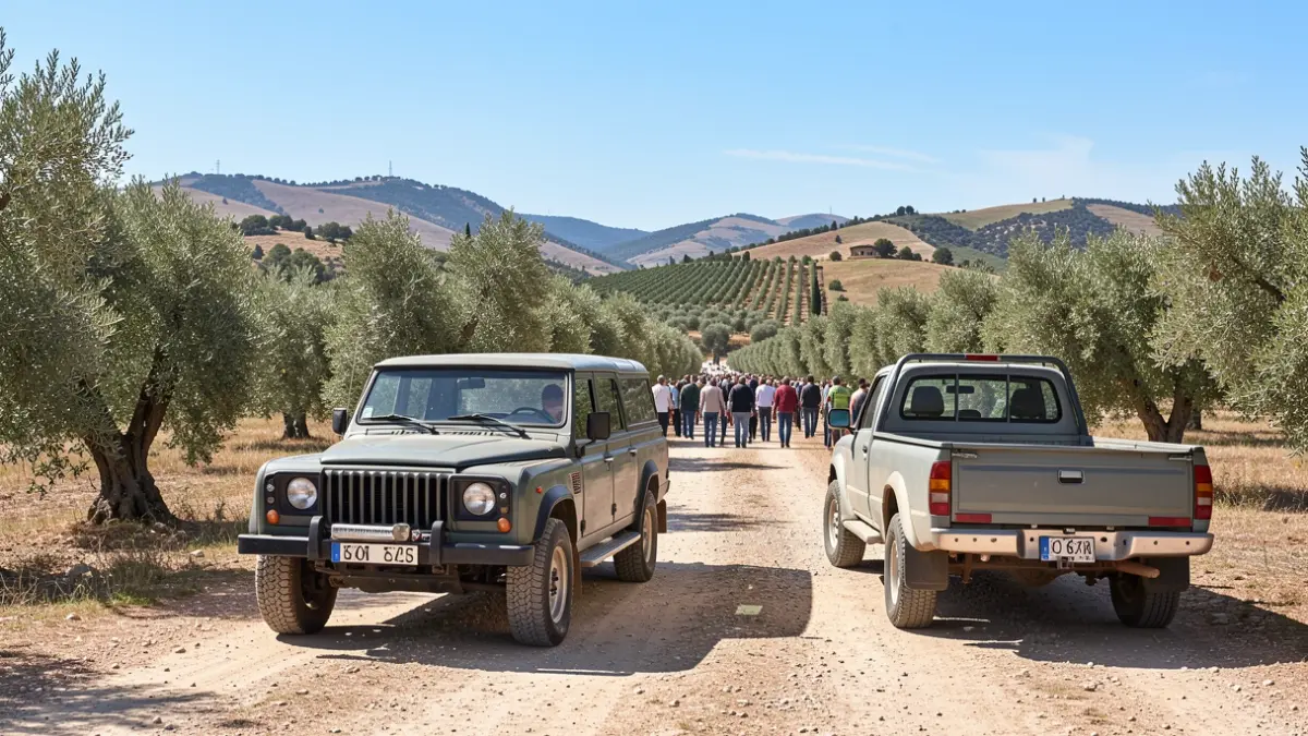 Imagen de un todoterreno y una pick-up de estilo clásico en un paisaje español.