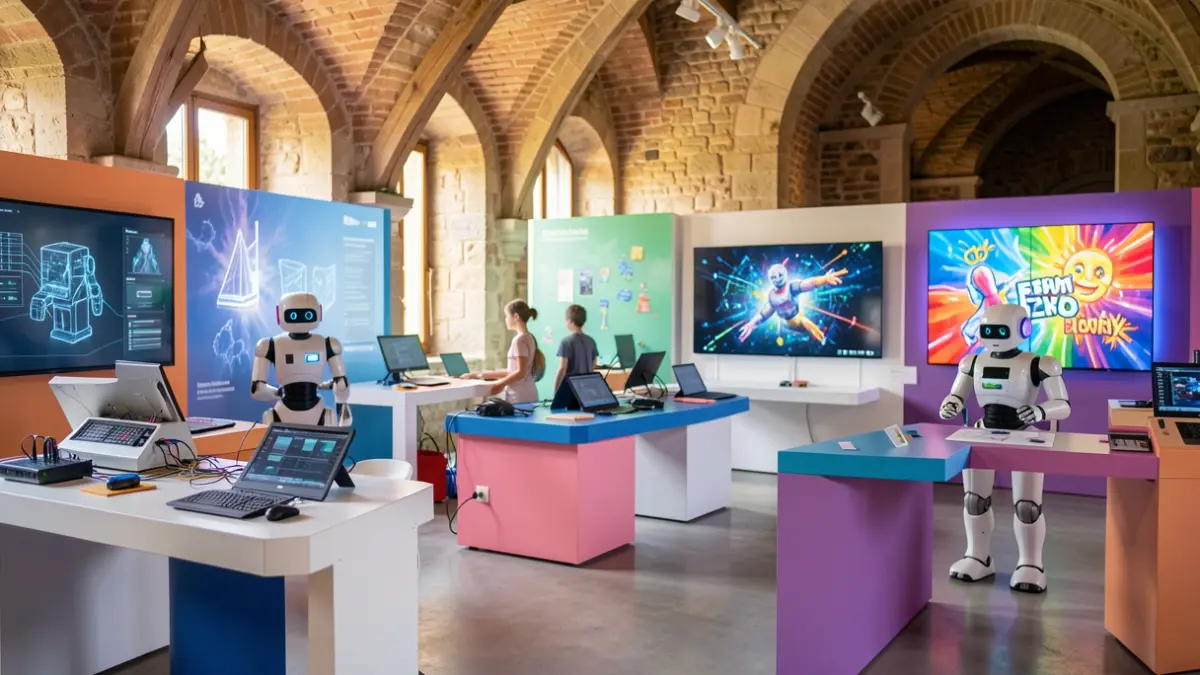Generic image of an immersive technology exhibition with robots and screens.