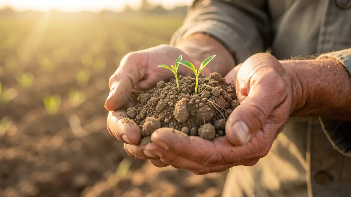 Manos de agricultor sosteniendo tierra con brotes verdes.