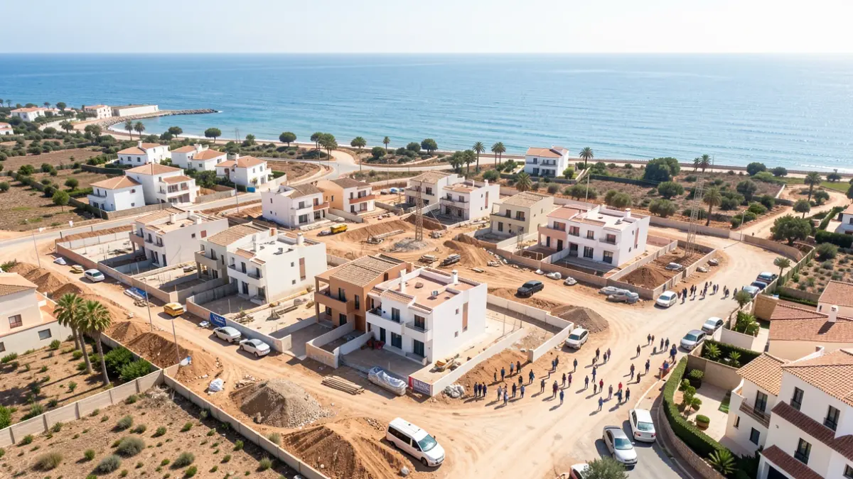 Vista aérea de un desarrollo residencial en construcción en Mazagón, Huelva, con el mar al fondo.