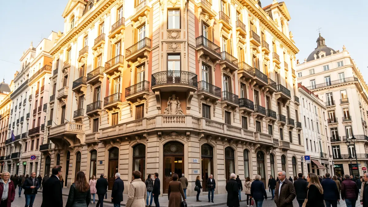 Facade of a historic building in Madrid's city center, with ornate architectural details and balconies, under warm afternoon sunlight.