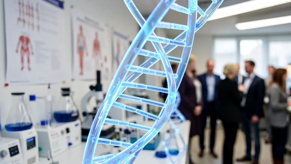 Representación visual de una hélice de ADN con equipo de laboratorio al fondo.