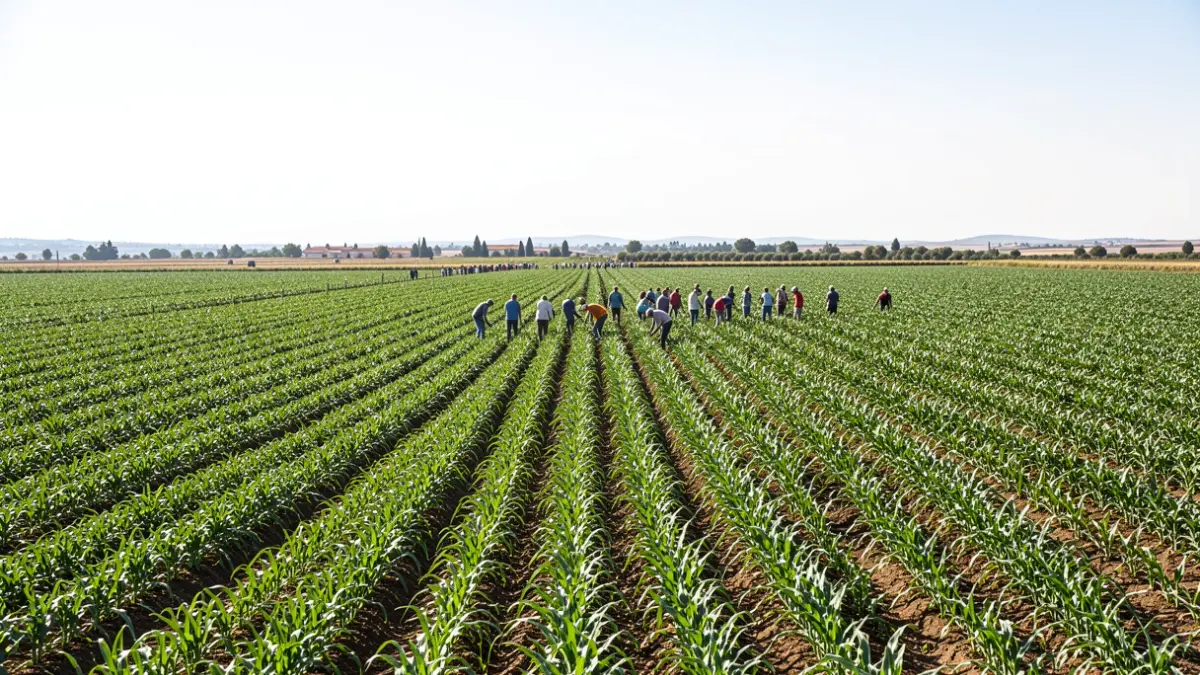 Paisaje agrícola extenso en Andalucía con trabajadores en la distancia.