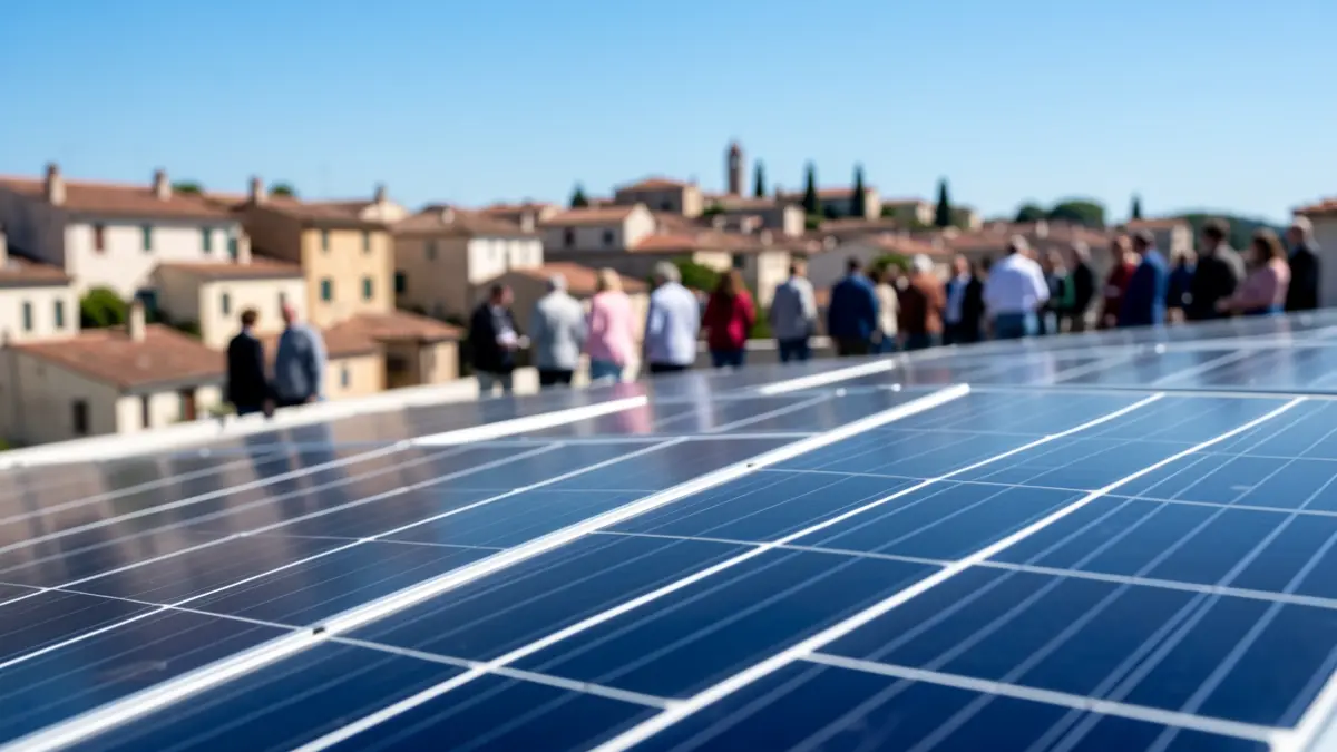 Paneles solares fotovoltaicos en un tejado con un pueblo andaluz al fondo.