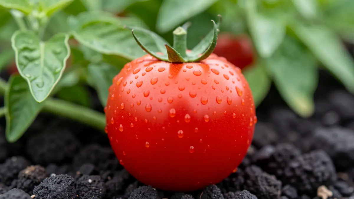 Tomate Canario maduro con gotas de agua, destacando su color y textura.
