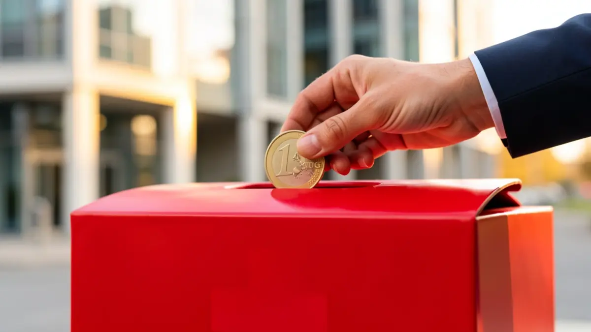 Primer plano de una mano depositando una moneda de euro en una caja de donaciones roja con el símbolo de la Cruz Roja, fondo desenfocado de un moderno edificio de oficinas, luz cálida y esperanzadora.