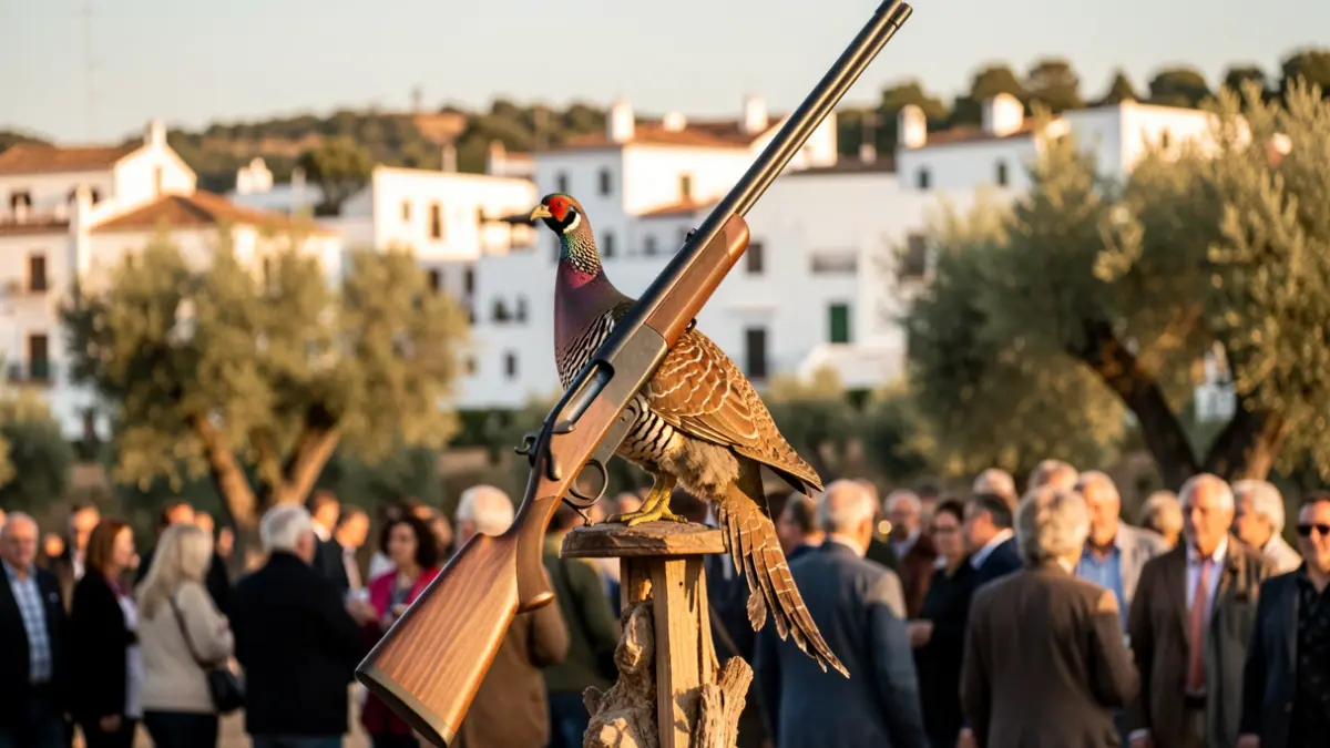 Stylized image of a hunting trophy with a partridge and a rifle, against a blurred background of the Andalusian landscape.