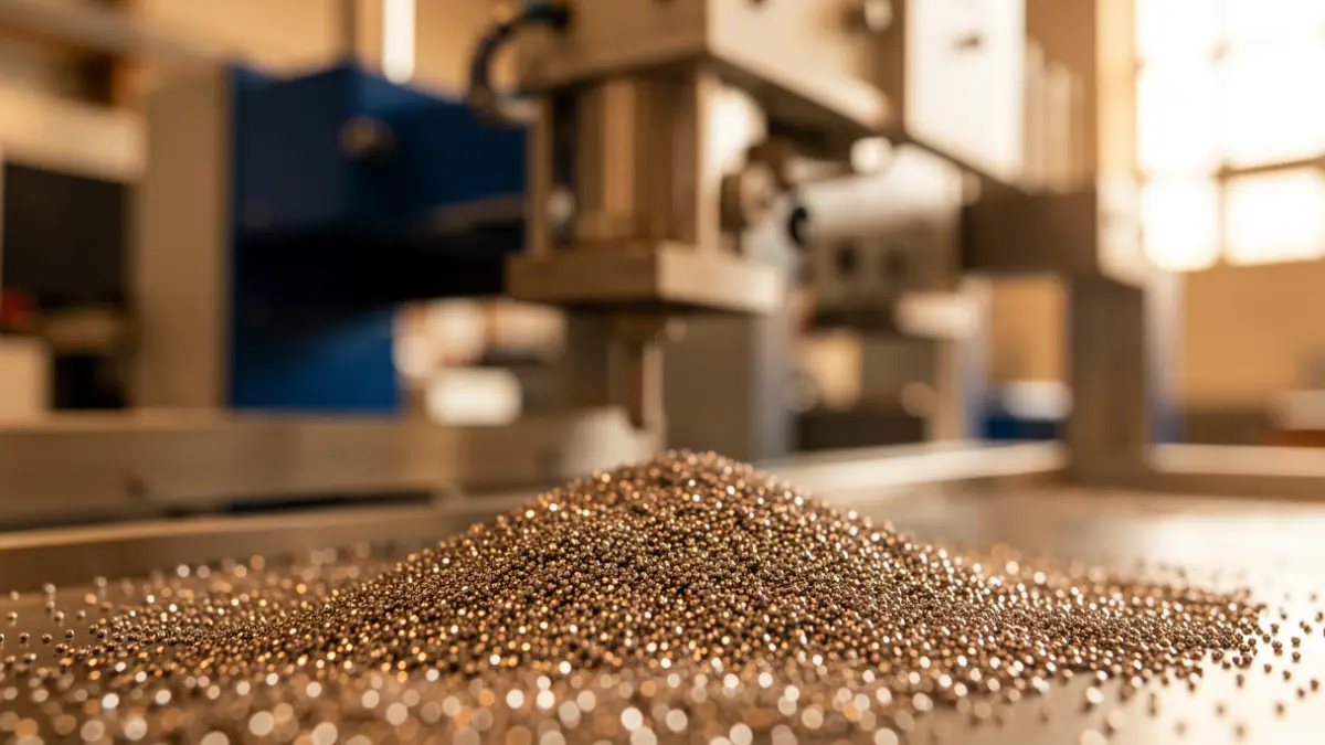 Close-up of metallic powder particles with blurred industrial machinery in the background, symbolizing additive manufacturing and material reuse.