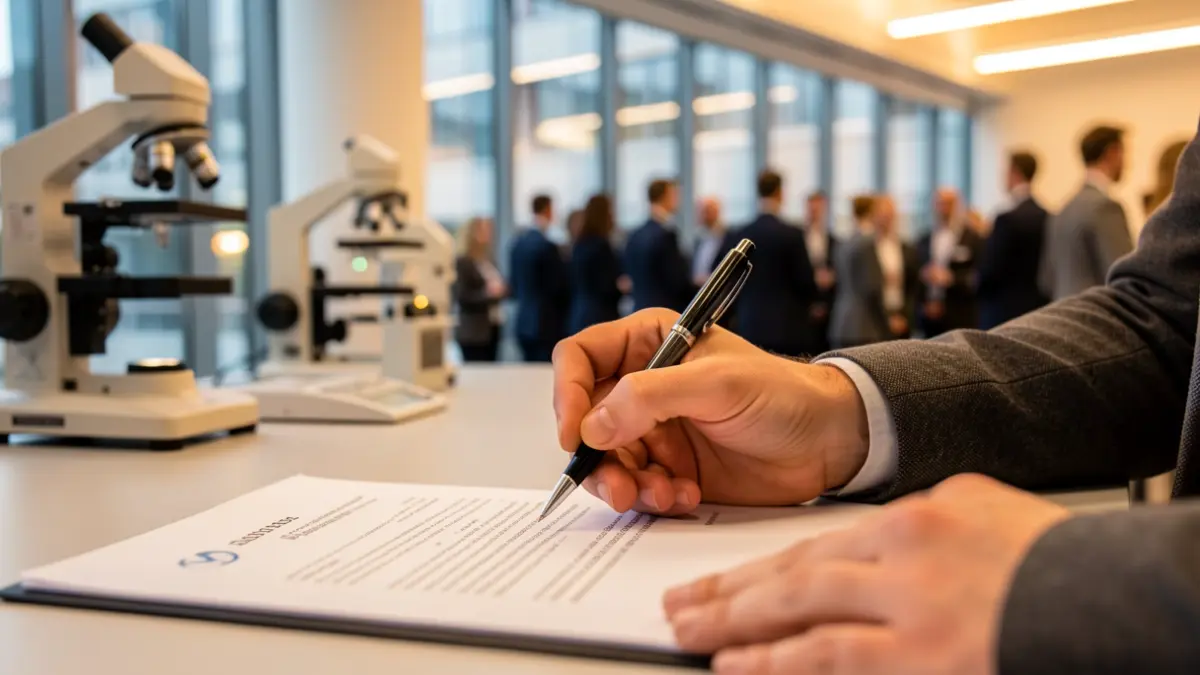 Generic image of a hand signing a document in a professional setting.