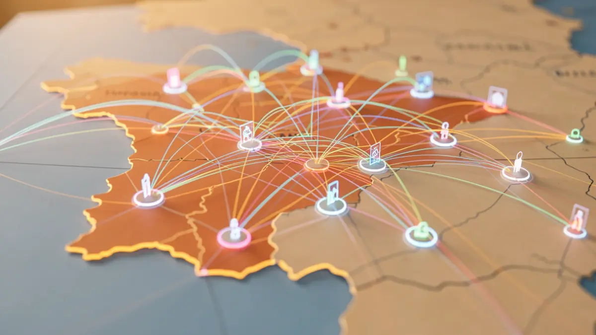 Representación abstracta de una plataforma digital turística con nodos interconectados sobre un mapa de Andalucía.