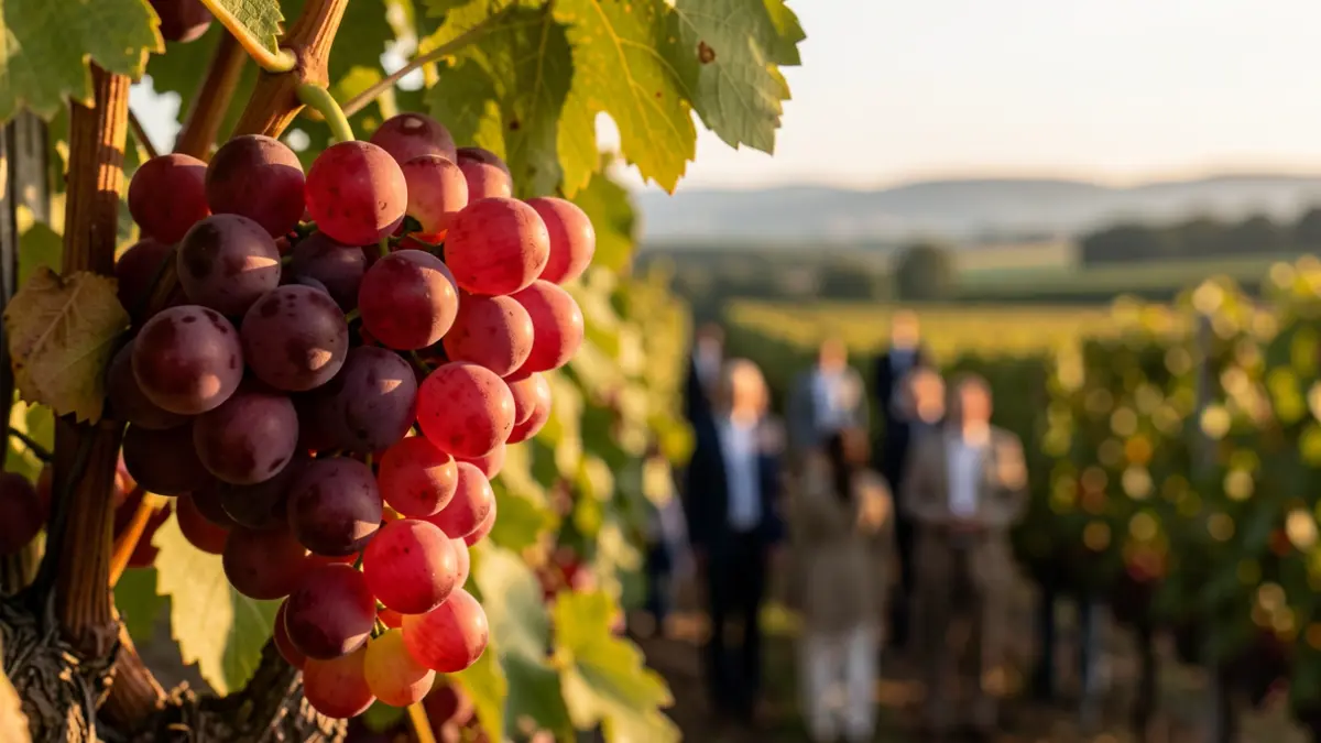 Primer plano de uvas tintas maduras en una vid, con un viñedo borroso al fondo bajo el sol de la tarde.