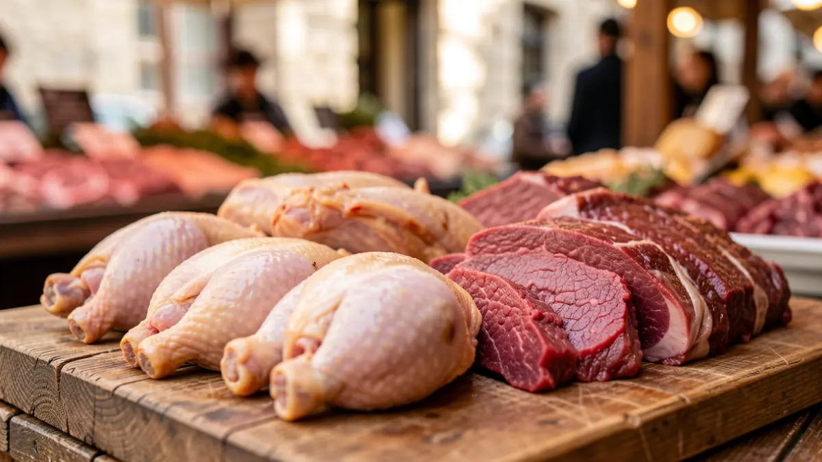 Imagen de productos cárnicos frescos como pollo y ternera.