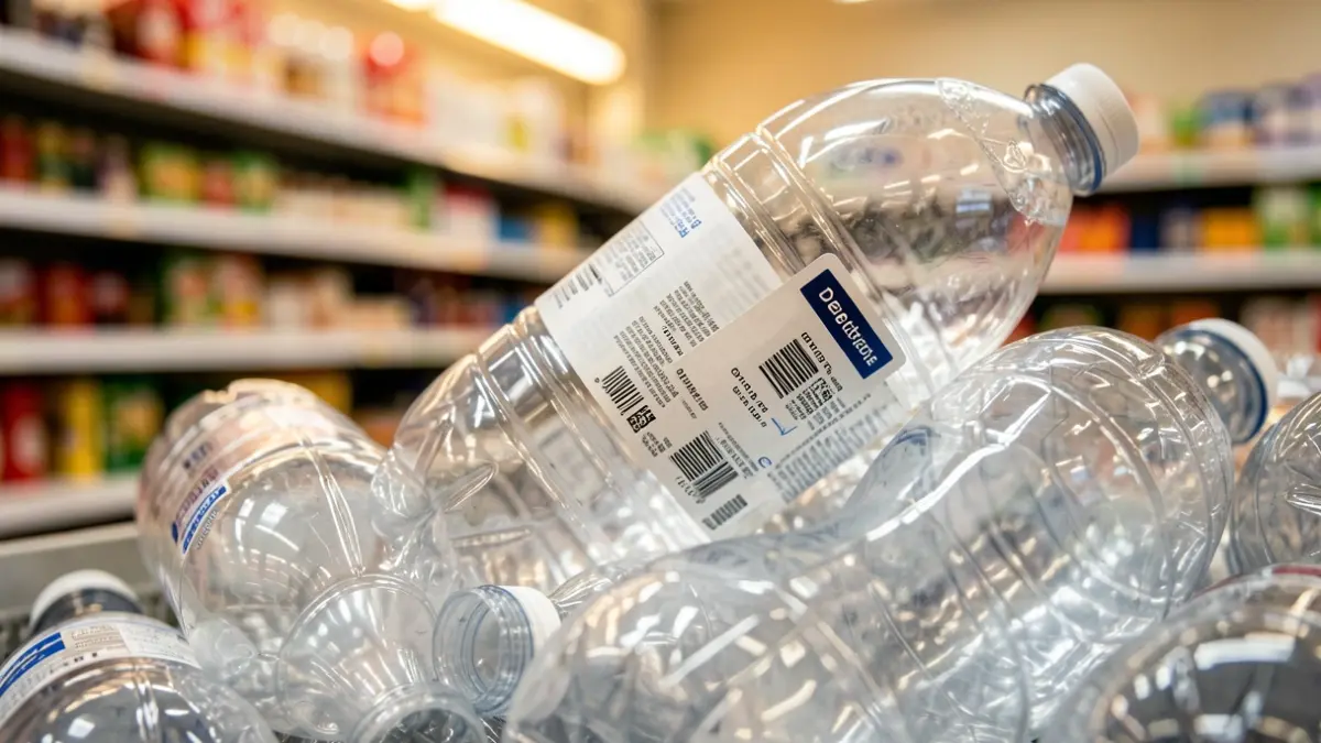Empty plastic bottles with a deposit-return label in a supermarket.