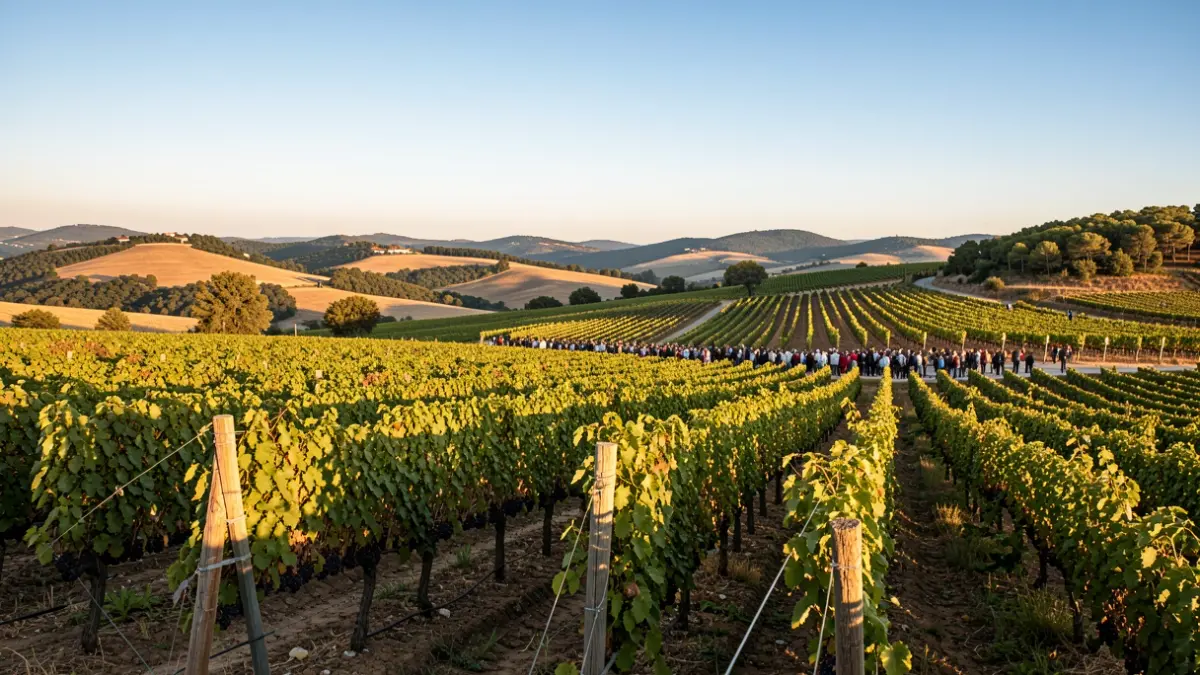Vineyards in Alt Empordà under a blue sky and golden light.