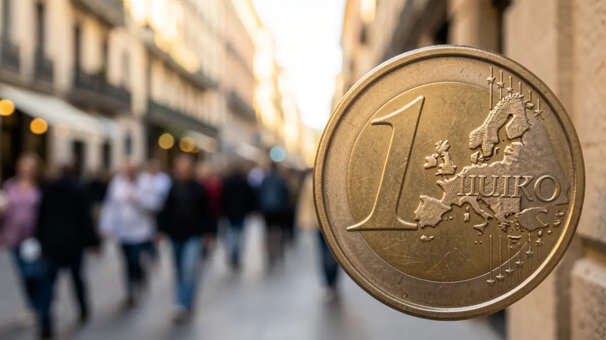 Primer plano de una moneda de euro española con un fondo desenfocado de una calle de Madrid.