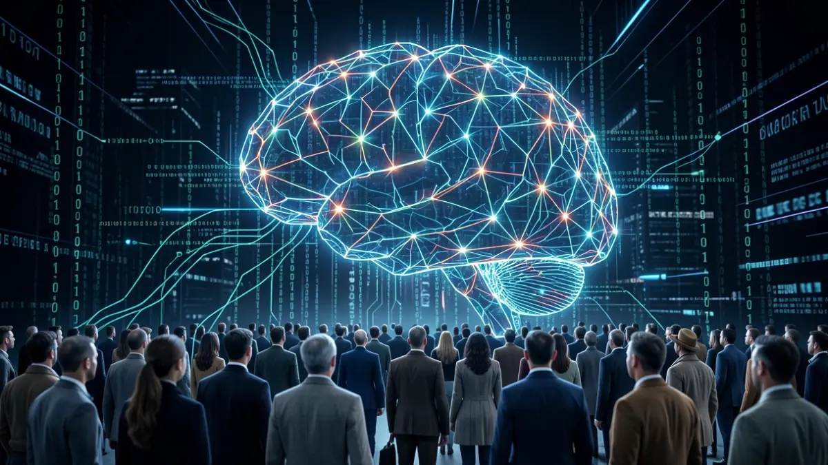Abstract representation of artificial intelligence with neural network patterns and binary code.