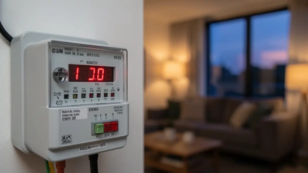 Imagen genérica de un contador eléctrico con números fluctuantes al atardecer.