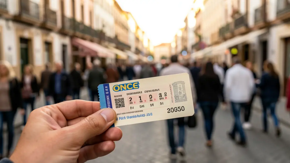 Close-up of an ONCE lottery ticket in hand, with a background of an Andalusian street.