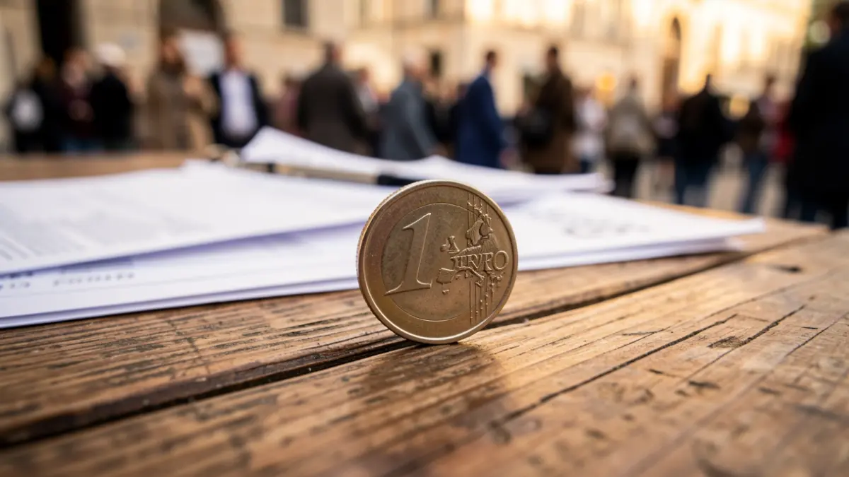 Imagen genérica de una moneda de euro sobre una mesa de madera con documentos financieros desenfocados.