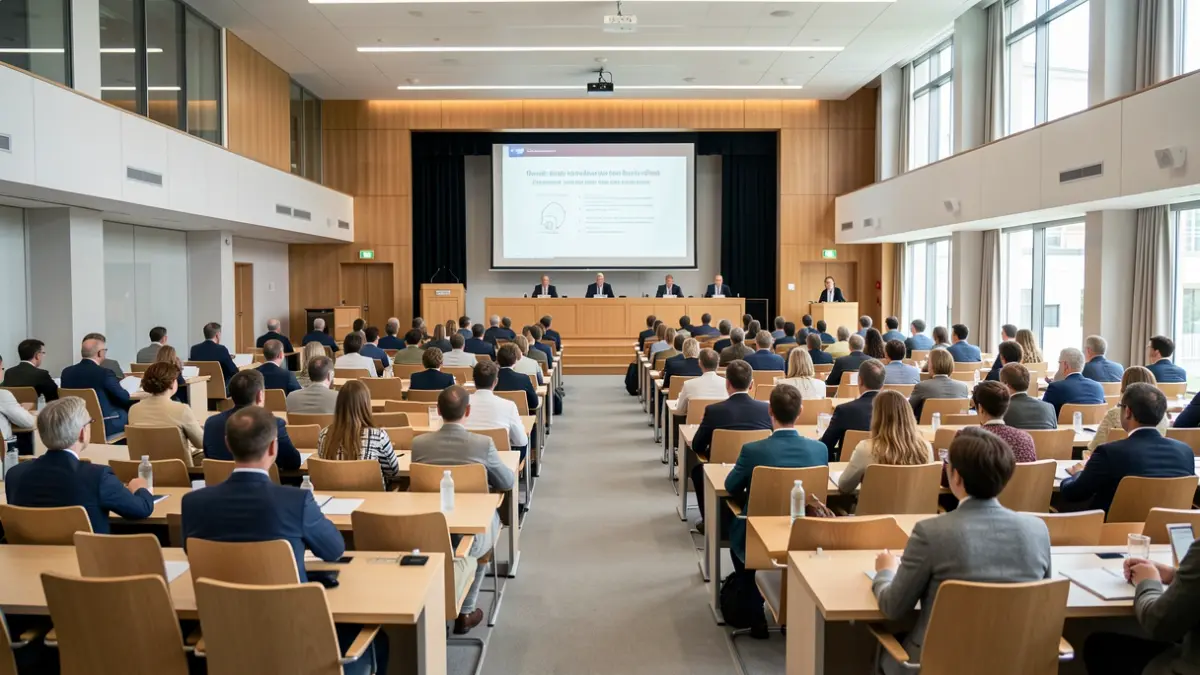 Generic image of a modern university lecture hall with empty seats and a podium.
