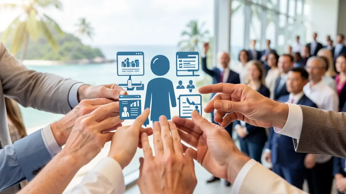 Generic image of hands of different ages interacting with a human resources graphic against a Canarian landscape background.