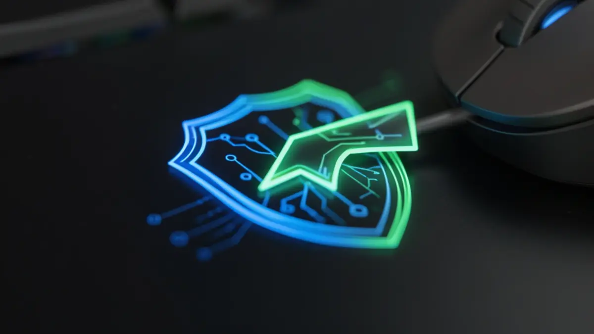 Digital shield icon with a mouse cursor over it, representing computer security.