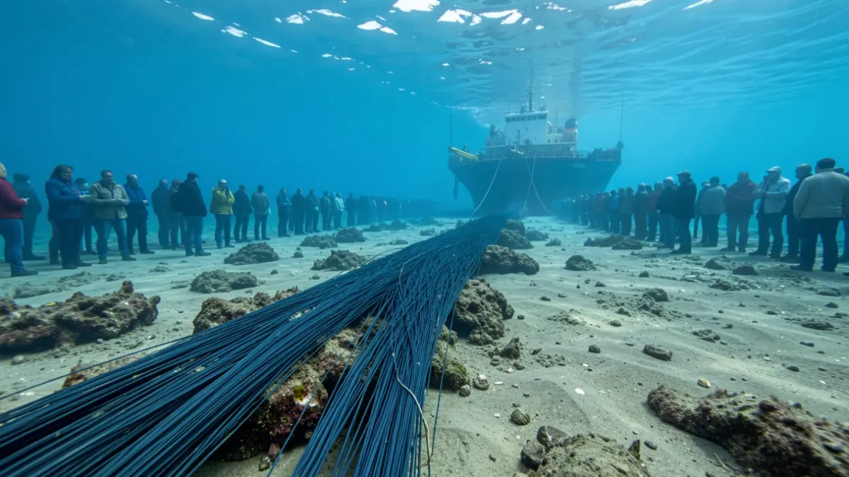 Imagen de un cable submarino de fibra óptica siendo instalado en el lecho marino.
