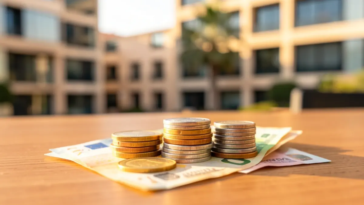 Generic image of euro coins and banknotes on a desk with an office building in the background.