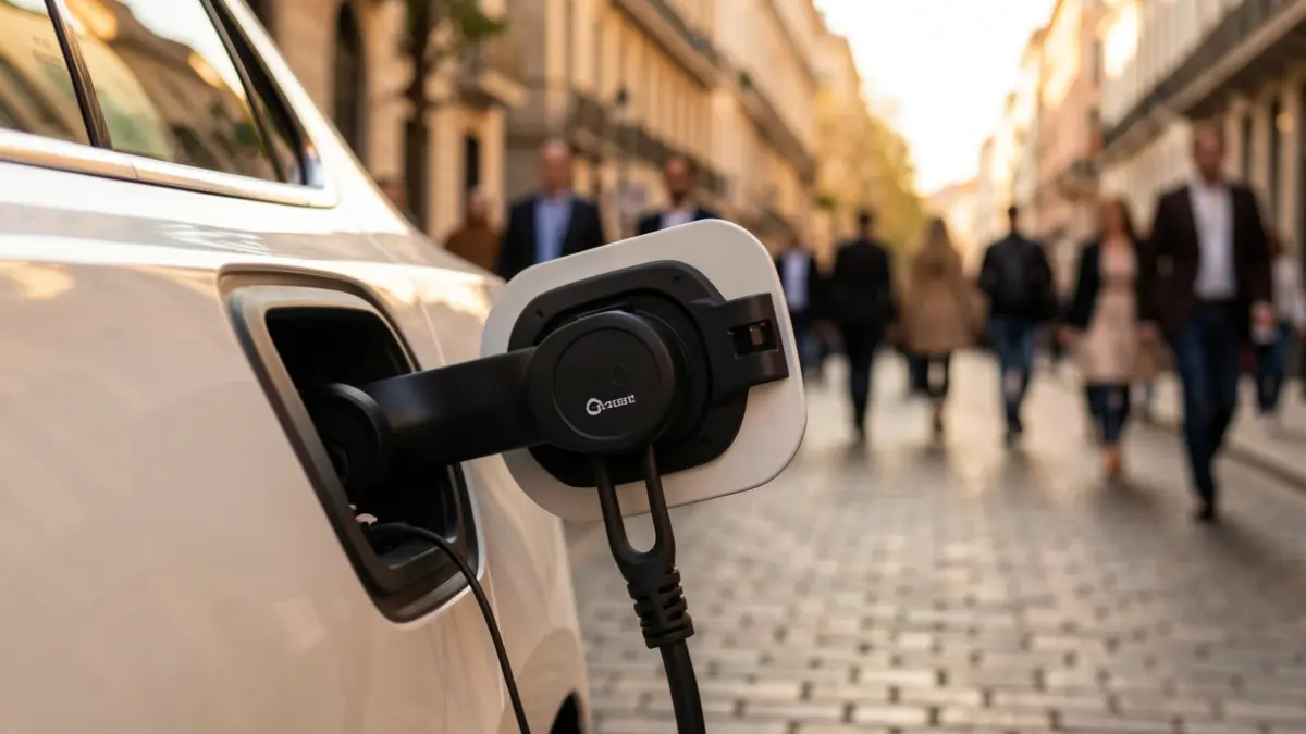 Electric car charging port on a Madrid street at sunset.