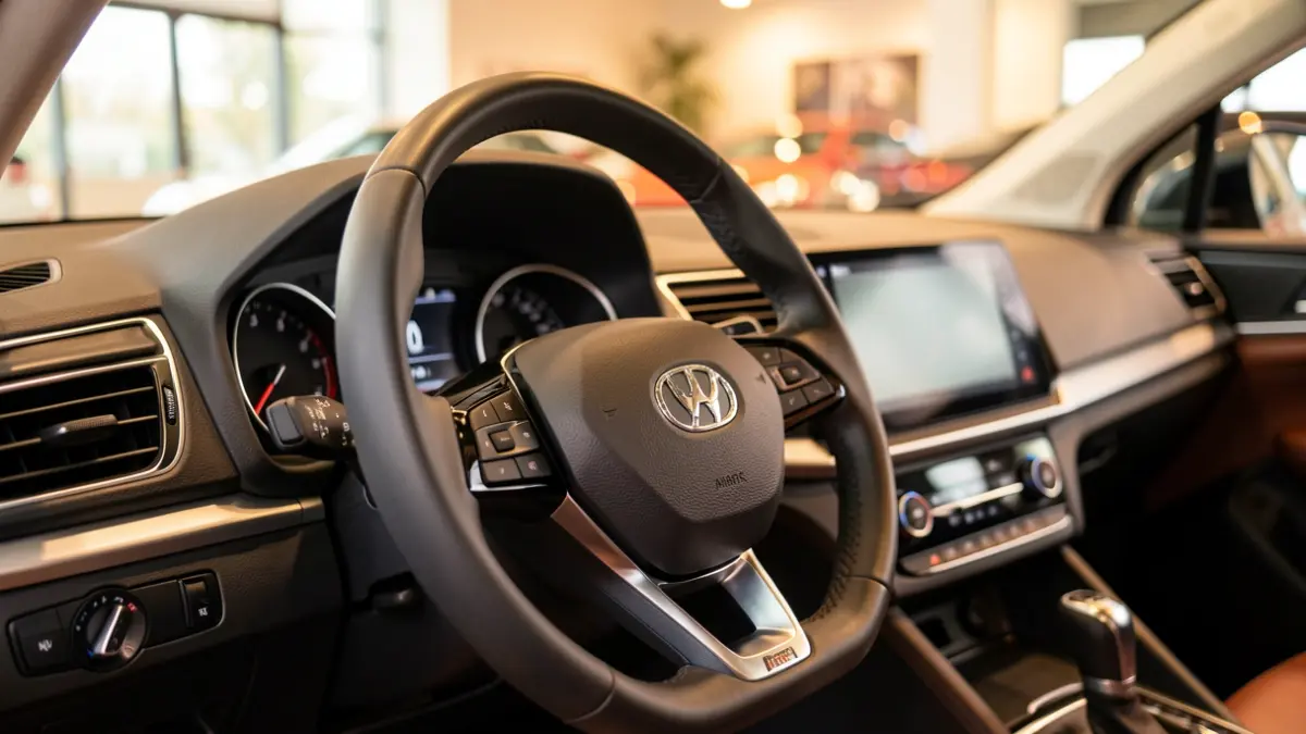 Close-up of the interior of a new car in a dealership.