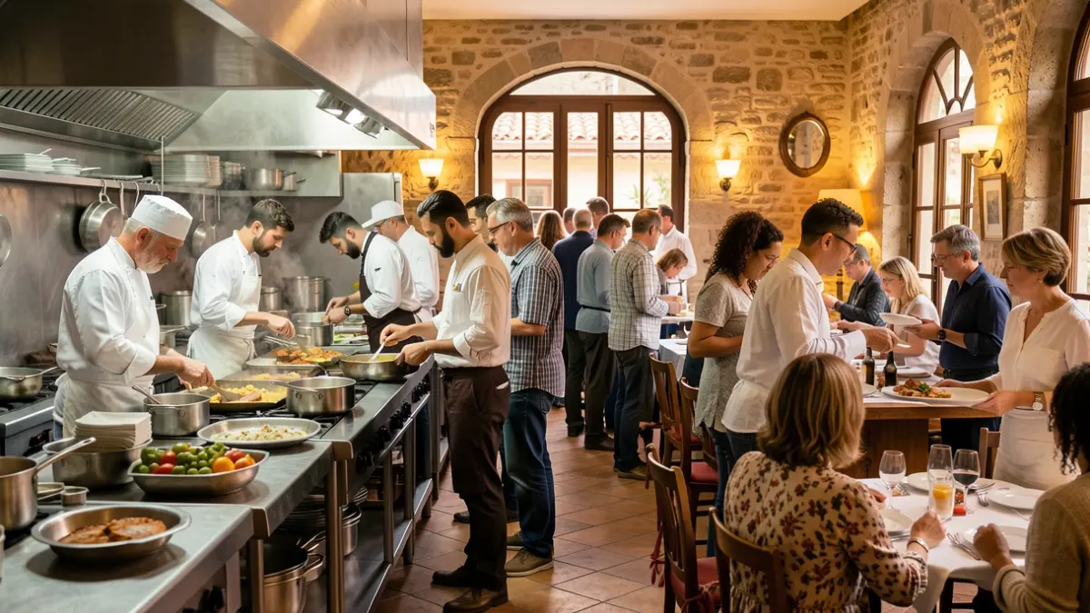 Imagen genérica de cocineros y camareros trabajando en un restaurante multicultural en Barcelona.