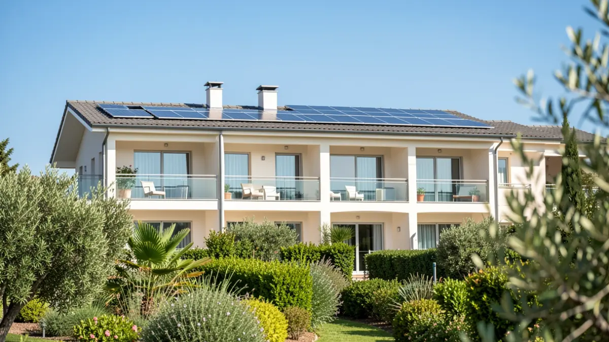 Imagen genérica de un hotel sostenible con paneles solares.