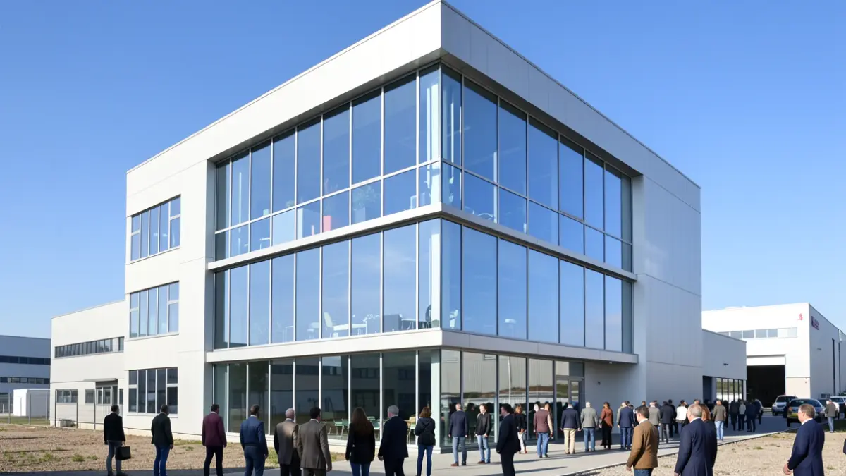 Fachada de un edificio de oficinas moderno en un polígono industrial andaluz.