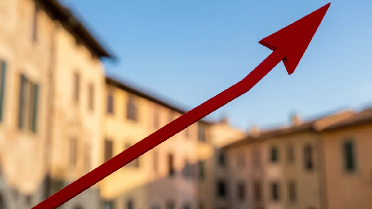 Rising price graph with Mediterranean architecture in the background.