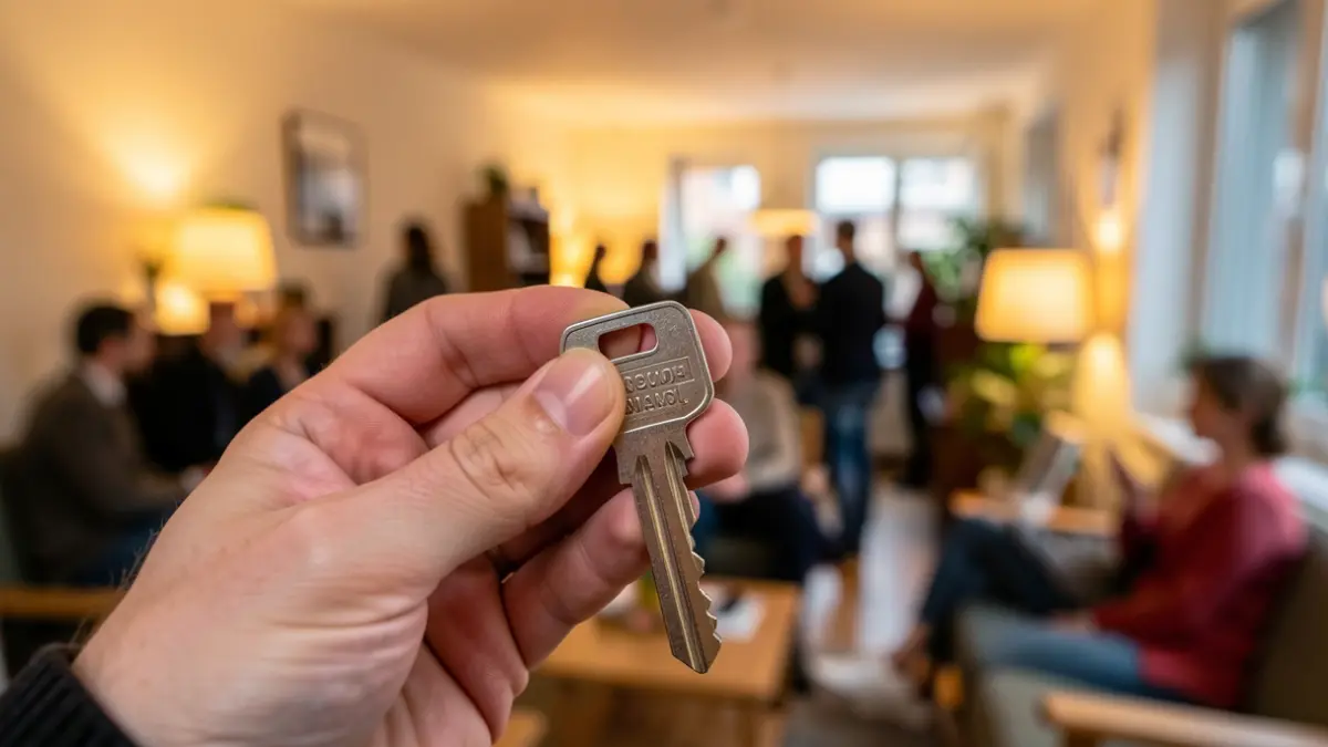 Imagen genérica de una llave de habitación en primer plano, con un interior de apartamento compartido desenfocado detrás.