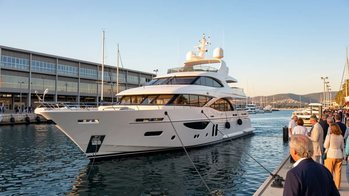 Generic image of a megayacht docked in a port with shipyards in the background.